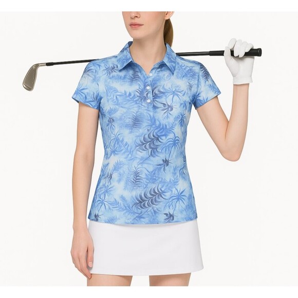 Daily Sports Tops - Daily Sports Blue Palm Print Polo Shirt Size M Tropical Short Sleeve Golf Active